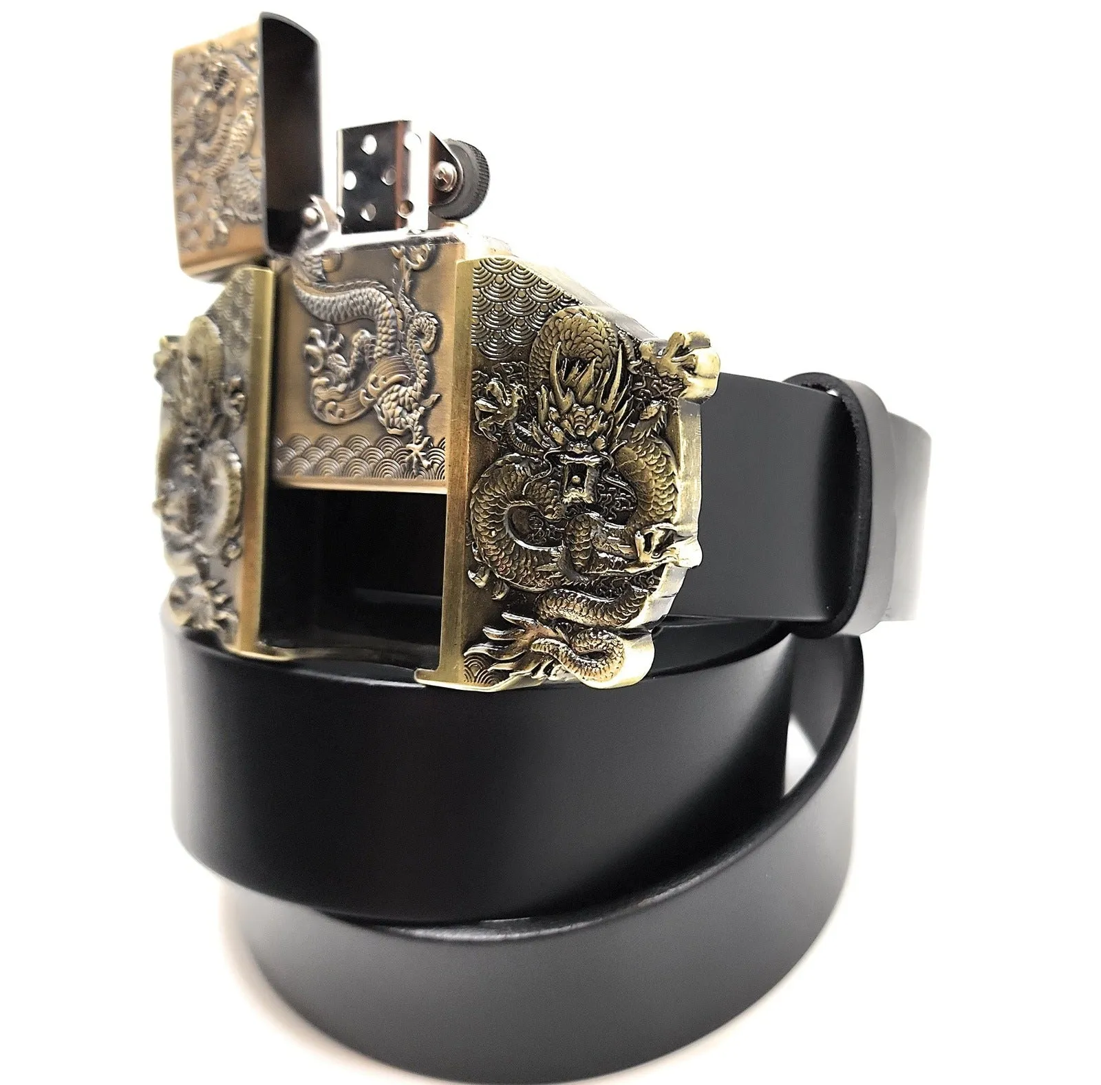 Triple Dragons Lighter Belt Buckle and Genuine Leather Belt