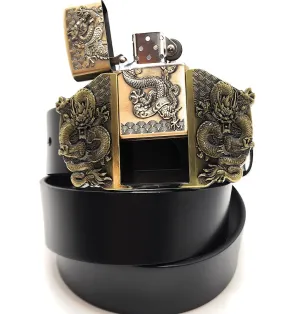 Triple Dragons Lighter Belt Buckle and Genuine Leather Belt