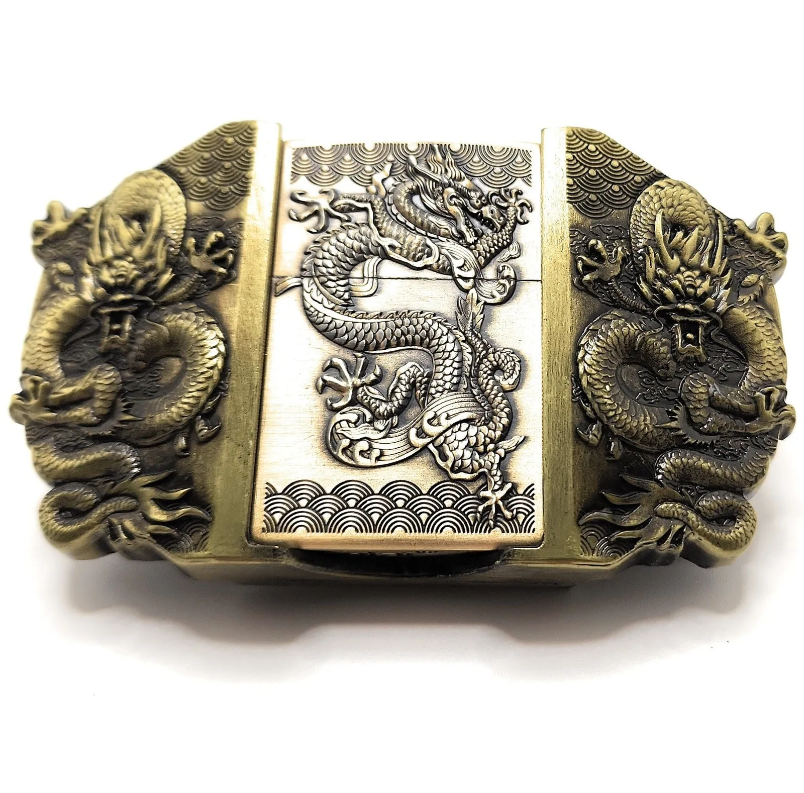 Triple Dragons Lighter Belt Buckle and Vegan Leather Belt