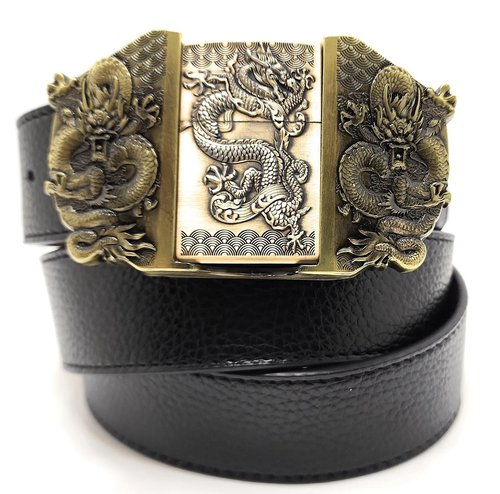 Triple Dragons Lighter Belt Buckle and Vegan Leather Belt