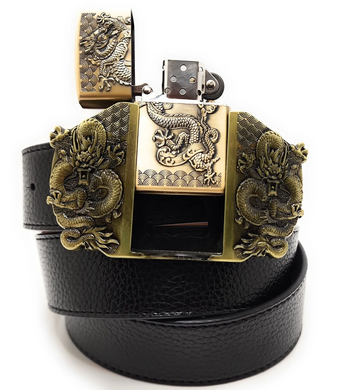 Triple Dragons Lighter Belt Buckle and Vegan Leather Belt