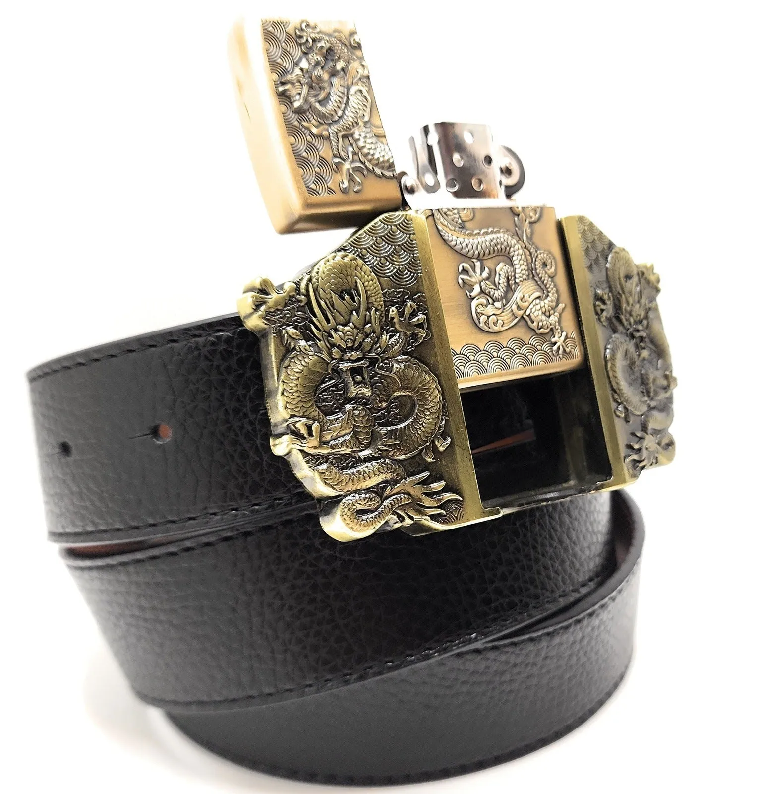 Triple Dragons Lighter Belt Buckle and Vegan Leather Belt