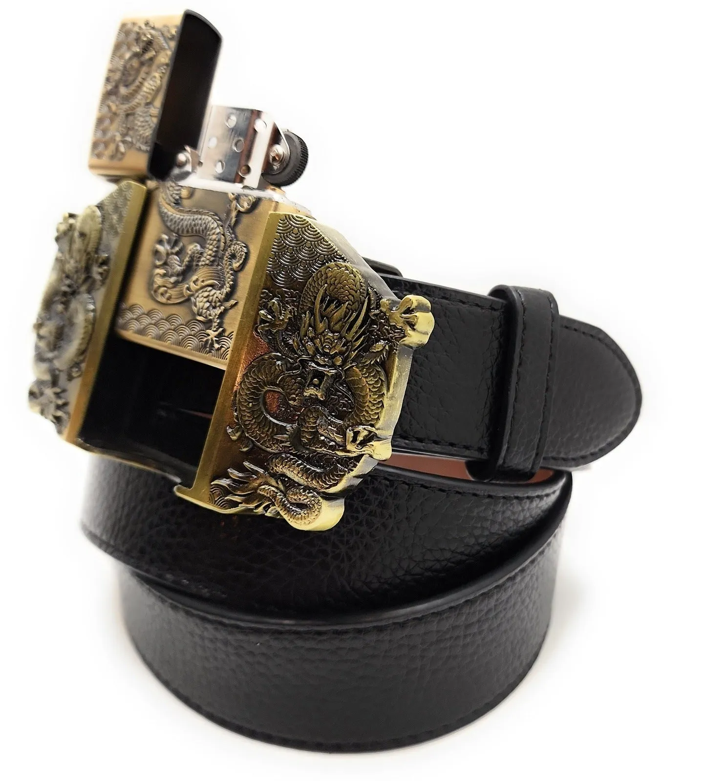Triple Dragons Lighter Belt Buckle and Vegan Leather Belt