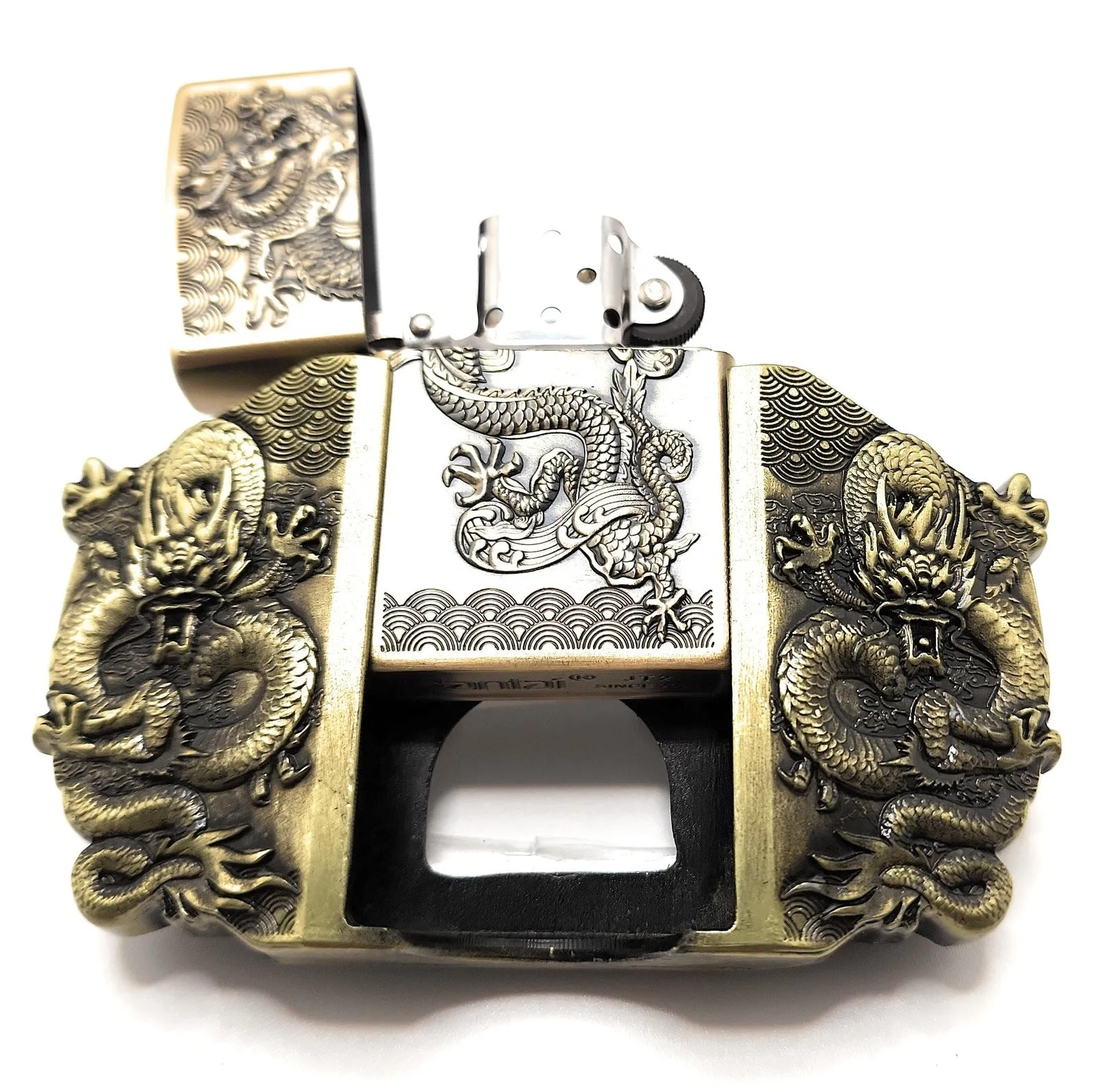 Triple Dragons Lighter Belt Buckle and Vegan Leather Belt
