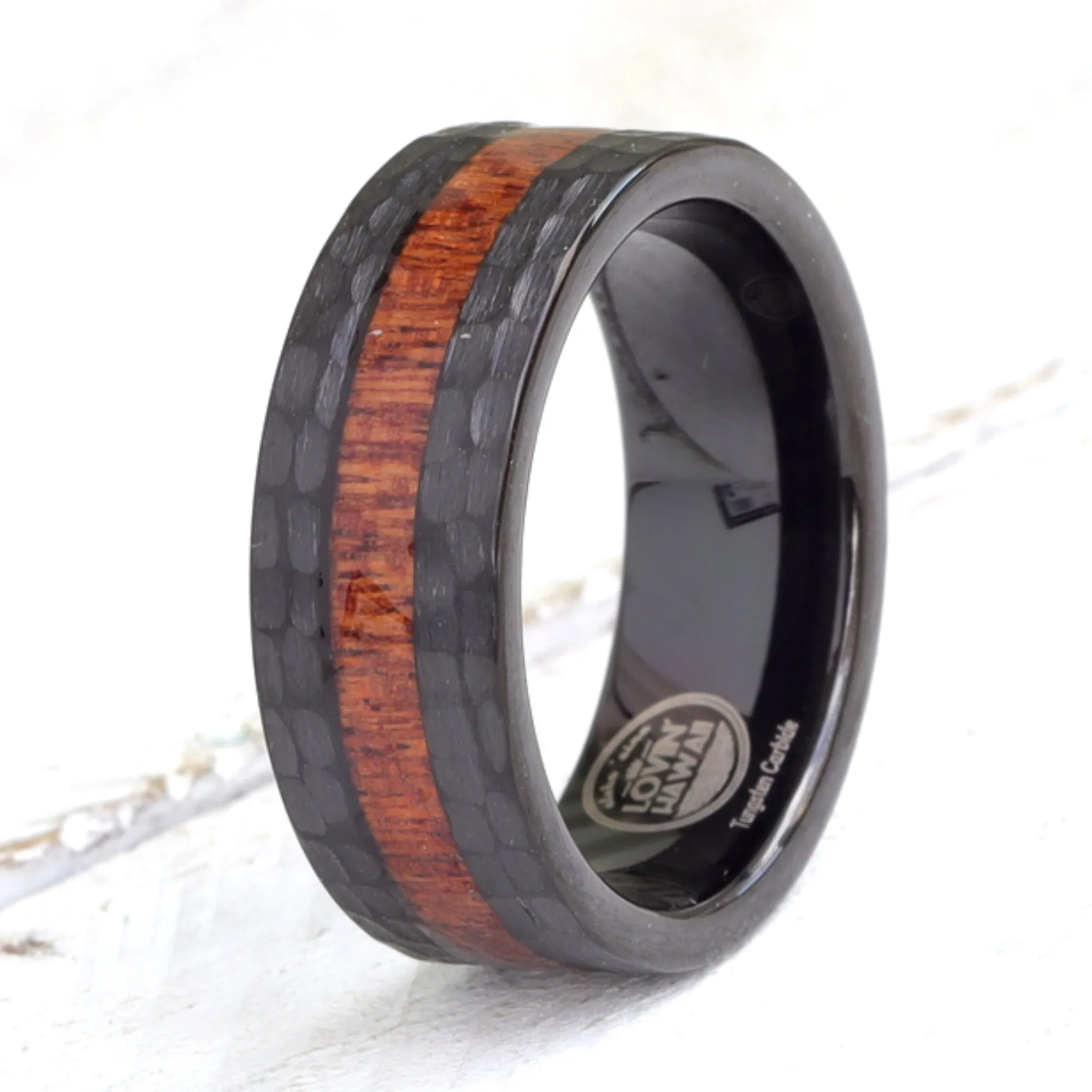 Tungsten Carbide Hammered Ring with Hawaiian Koa Wood Inlay (8mm Width)