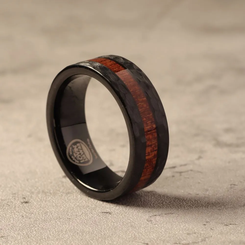 Tungsten Carbide Hammered Ring with Hawaiian Koa Wood Inlay (8mm Width)