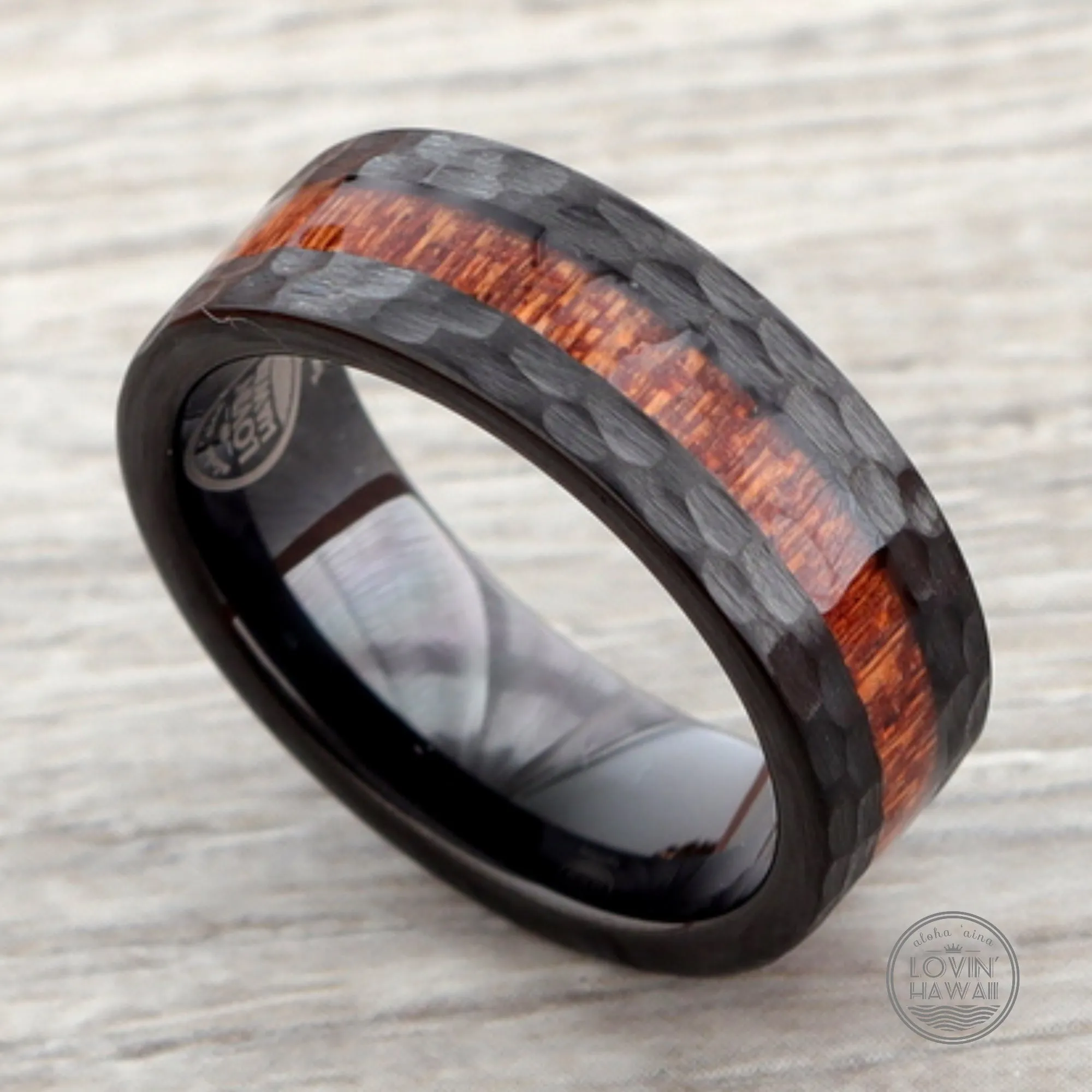 Tungsten Carbide Hammered Ring with Hawaiian Koa Wood Inlay (8mm Width)