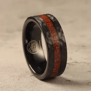 Tungsten Carbide Hammered Ring with Hawaiian Koa Wood Inlay (8mm Width)