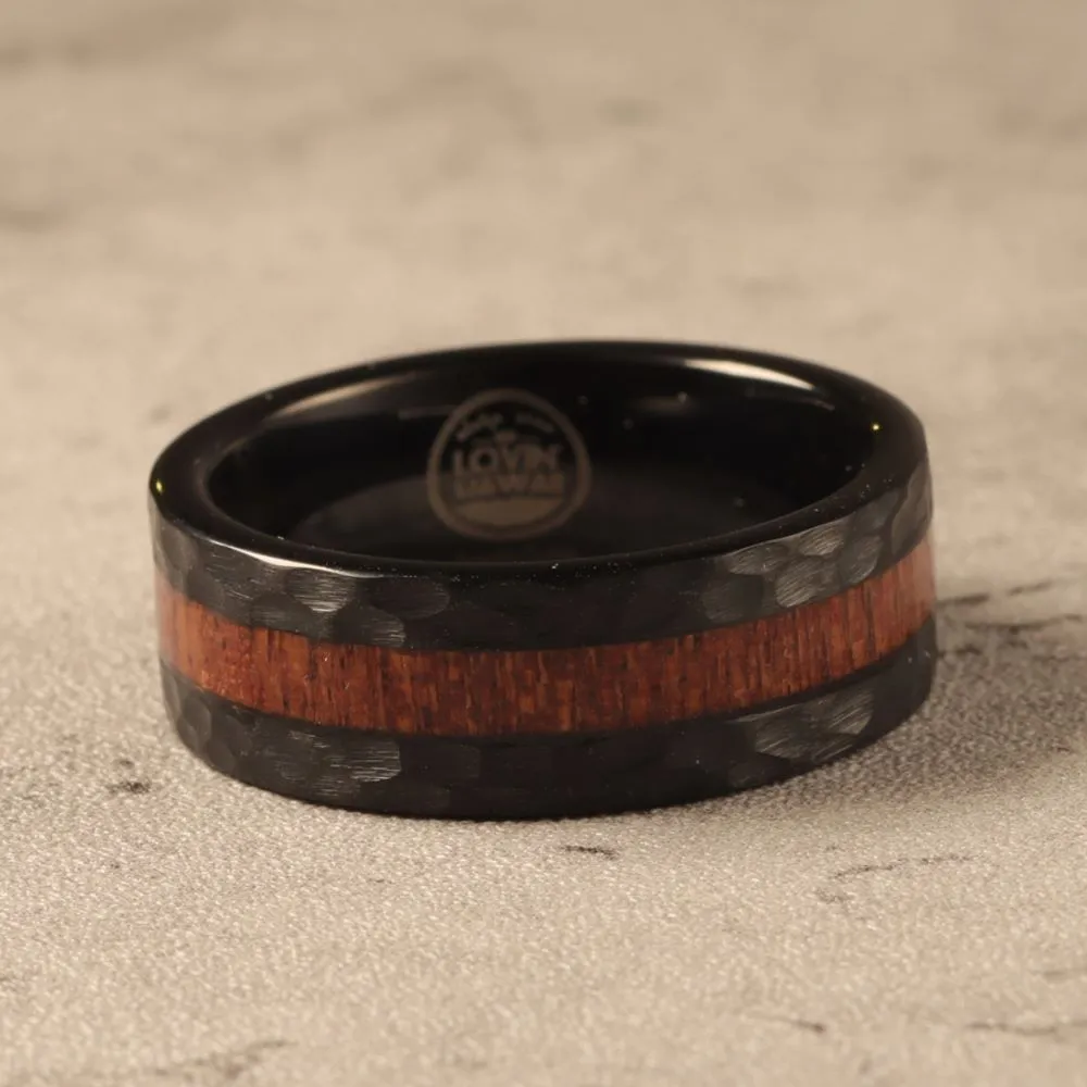 Tungsten Carbide Hammered Ring with Hawaiian Koa Wood Inlay (8mm Width)