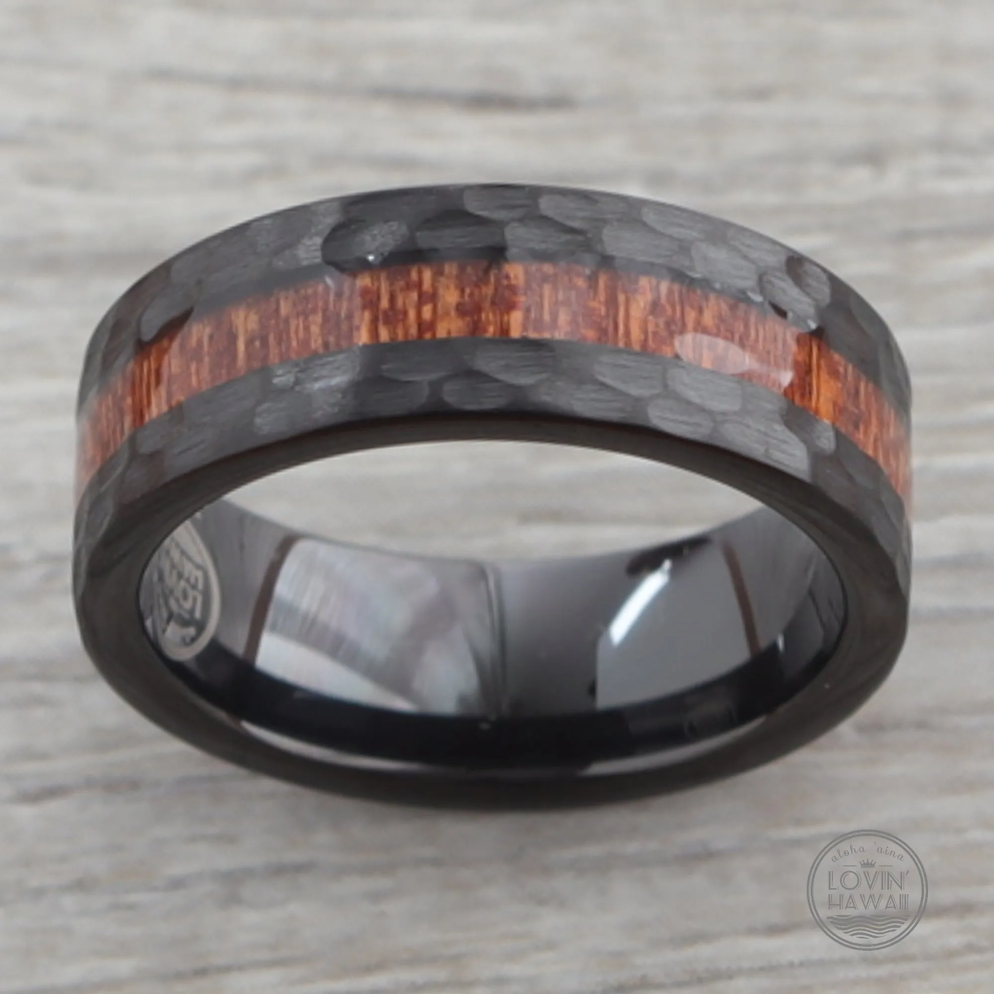 Tungsten Carbide Hammered Ring with Hawaiian Koa Wood Inlay (8mm Width)