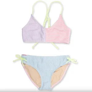 Two Piece Tie Back Bikini Girls Seersucker Colorblock