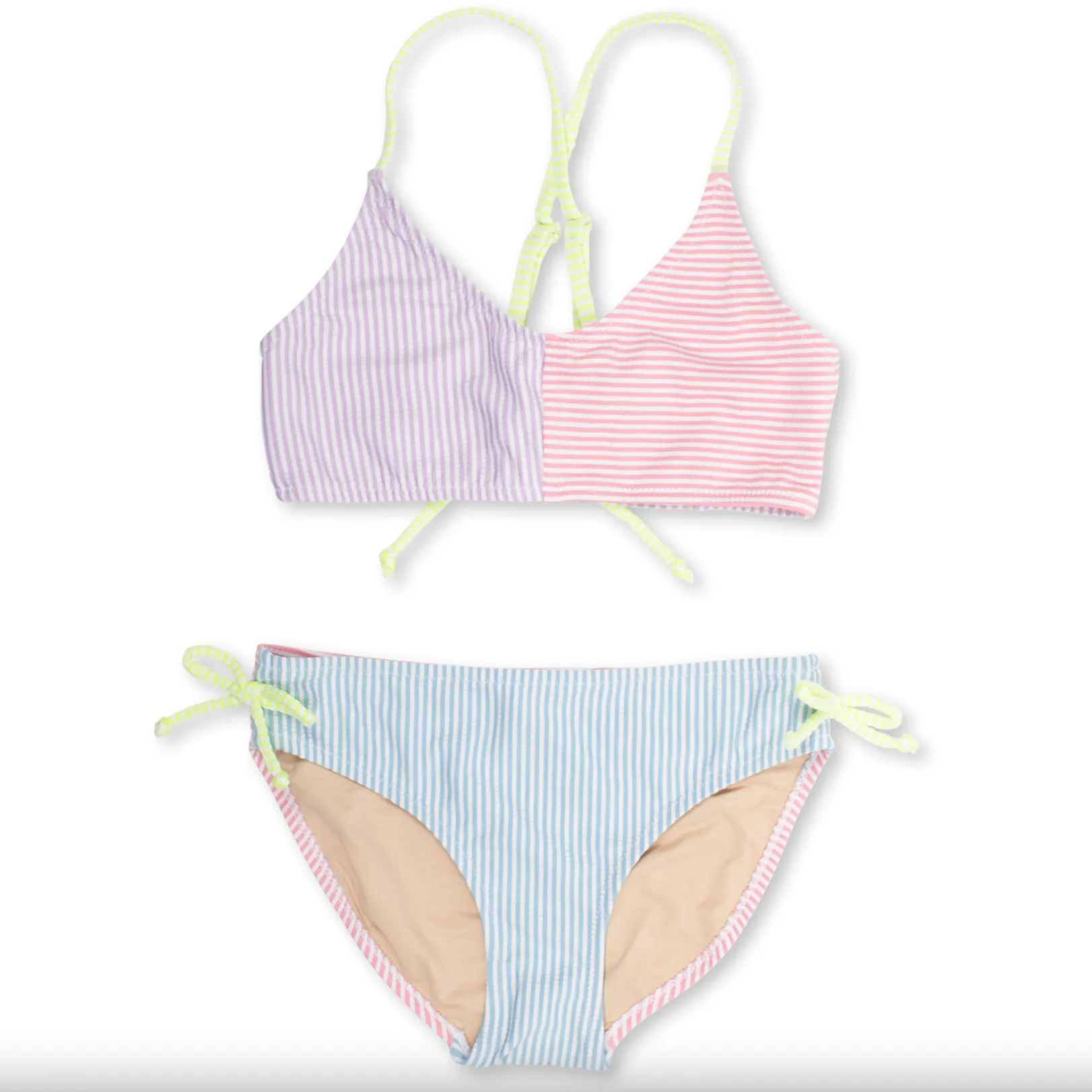 Two Piece Tie Back Bikini Girls Seersucker Colorblock
