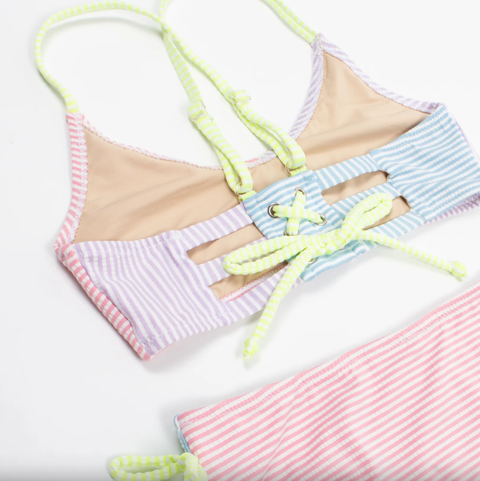 Two Piece Tie Back Bikini Girls Seersucker Colorblock