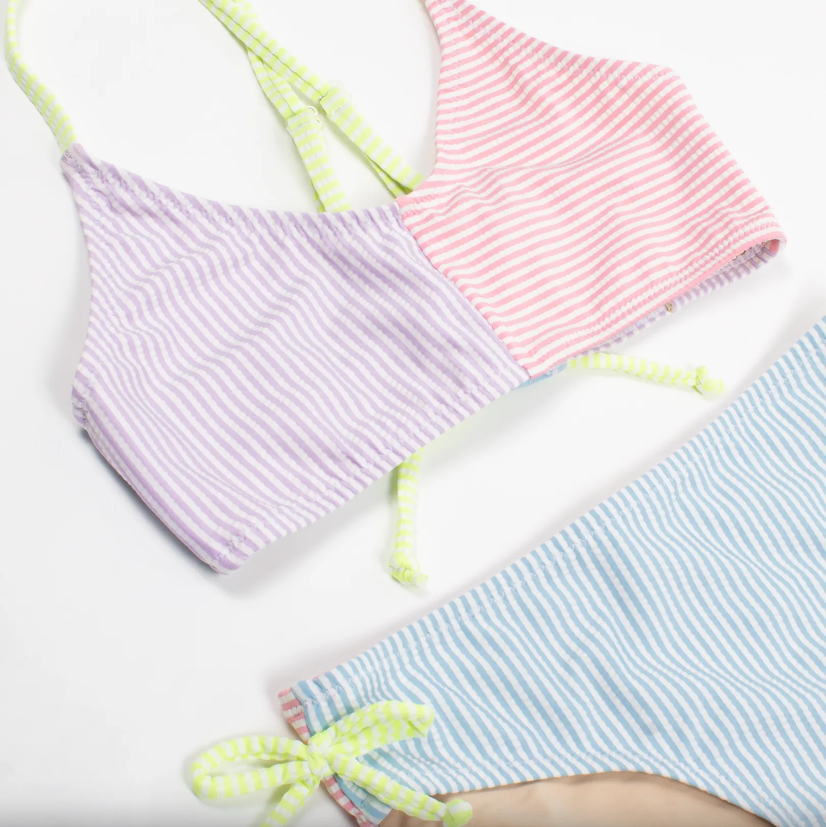 Two Piece Tie Back Bikini Girls Seersucker Colorblock