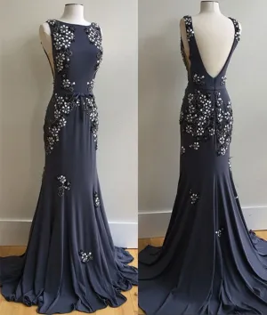 Unique applique chiffon long prom dress, backless evening dress