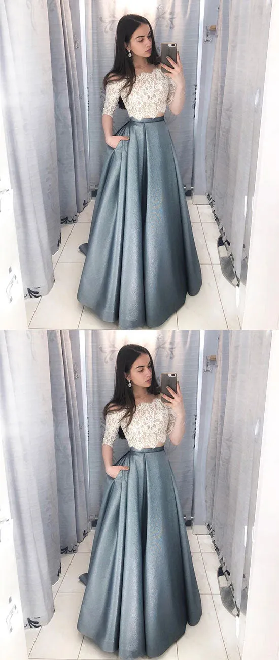 Unique lace two pieces long prom dress, lace evening dress