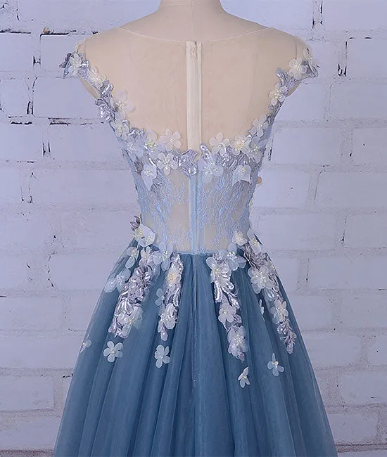 Unique round neck applique tulle long prom dress, tulle evening dress
