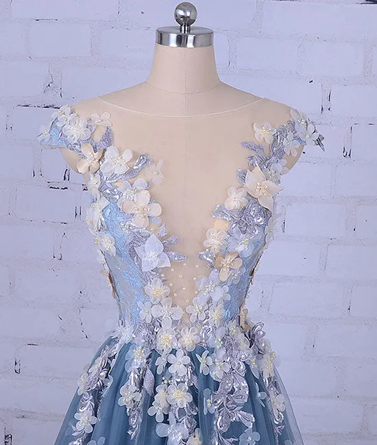 Unique round neck applique tulle long prom dress, tulle evening dress