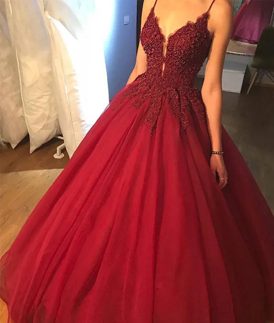 Unique v neck beads tulle burgundy long prom dress, burgundy evening dress