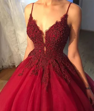 Unique v neck beads tulle burgundy long prom dress, burgundy evening dress