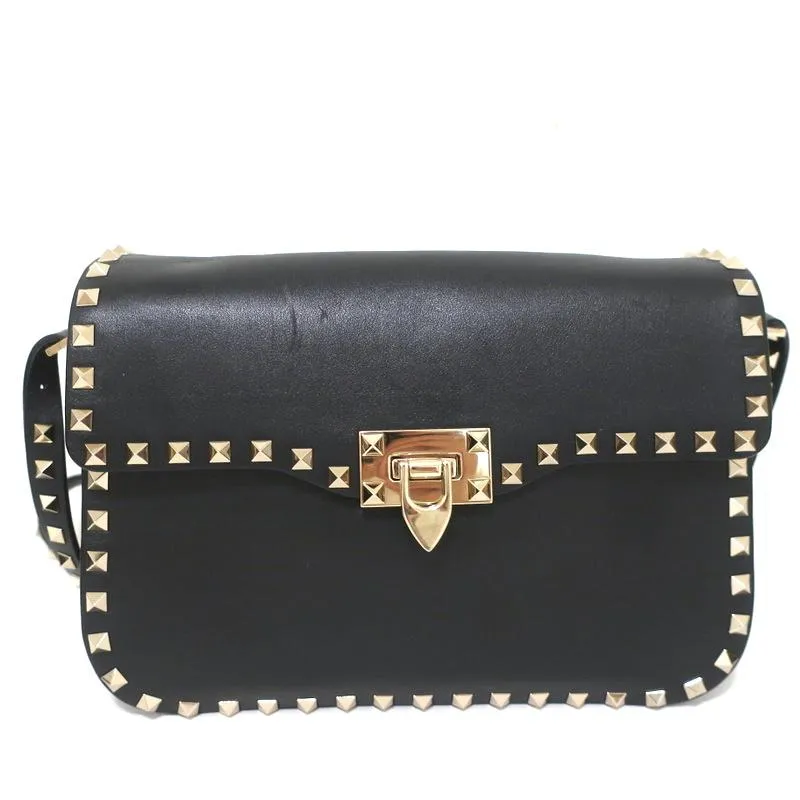 Valentino Rockstud Flap Shoulder Bag Black Leather