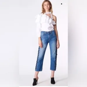 Veronica Beard Ines 10.75&quot; Girlfriend Lace Up High Rise Jeans Size 27 Cropped