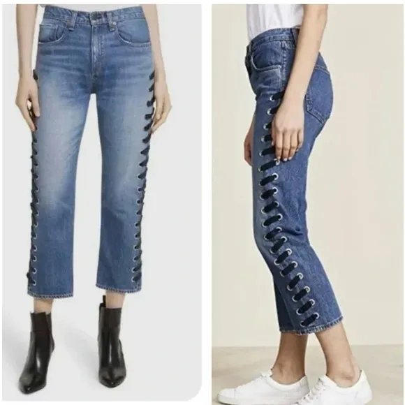 Veronica Beard Ines 10.75&quot; Girlfriend Lace Up High Rise Jeans Size 27 Cropped