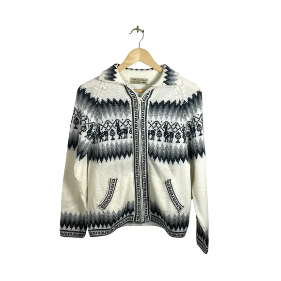 VINTAGE Peruvian Alpaca Wool Full Zip Eclectic Sweater Size S