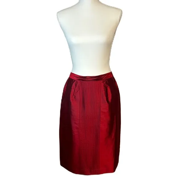 Vintage Womens 100% Silk Midi Skirt Size 12 M Straight Metallic Red Holiday Luxe