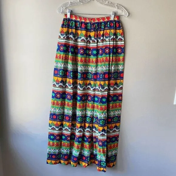 VTG 70s Neon Folk Art Poly Prairie Hippie GoGo Maxi Skirt - SZ XS/S