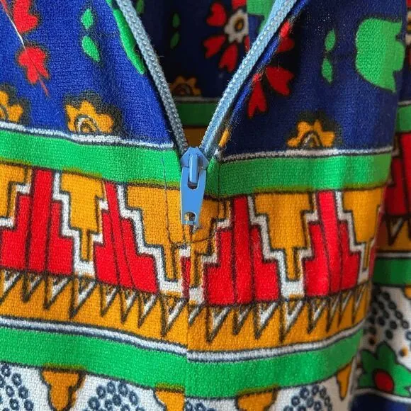 VTG 70s Neon Folk Art Poly Prairie Hippie GoGo Maxi Skirt - SZ XS/S