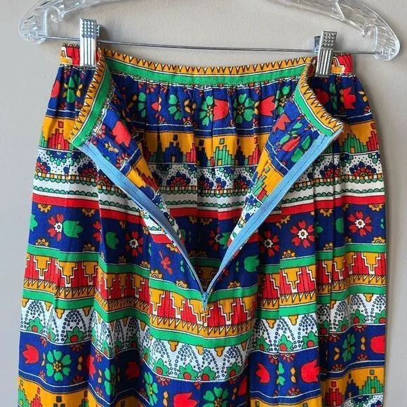 VTG 70s Neon Folk Art Poly Prairie Hippie GoGo Maxi Skirt - SZ XS/S