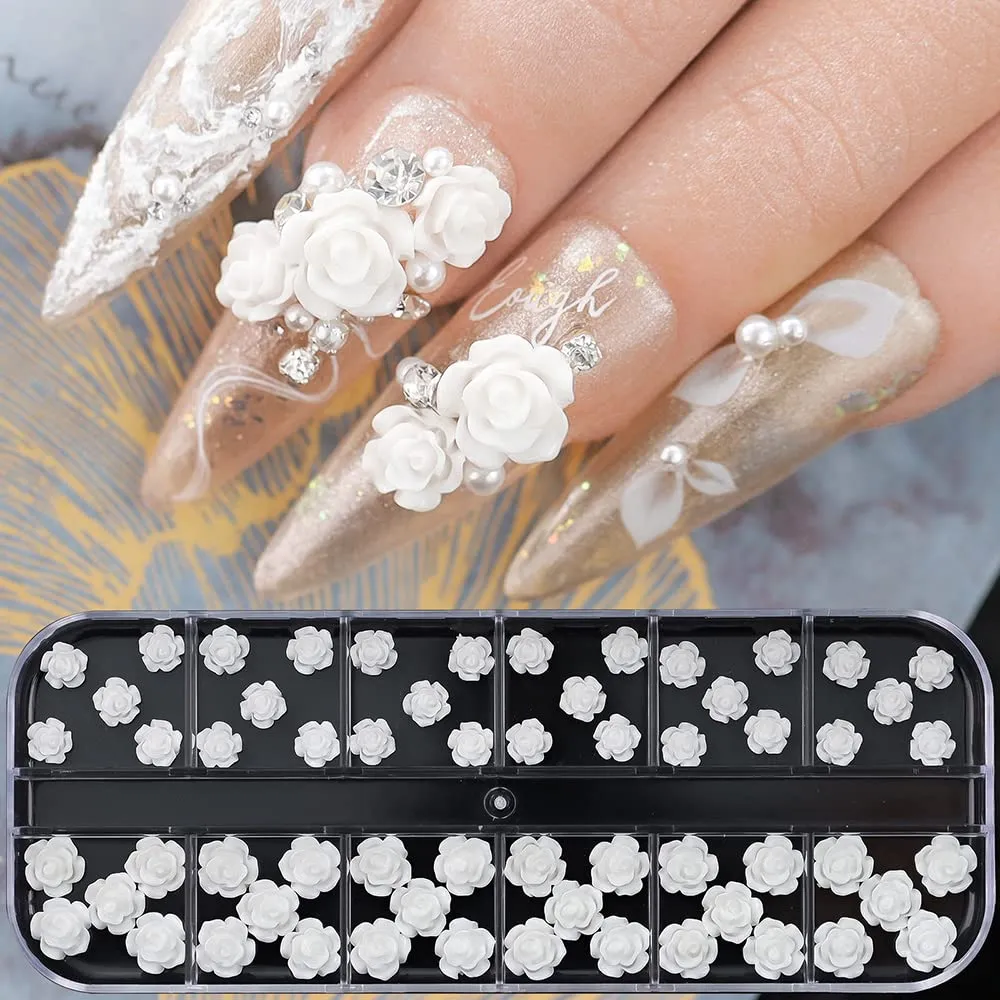 White Flower Nail Charms for Nail Art, Acrylic Flowers Pearls Beads Nail Art Pendants 3D Nail Art Accessories Flower Nail Decals Flatback Nail Art Charms for Women Nail Salon Nail Art Designs