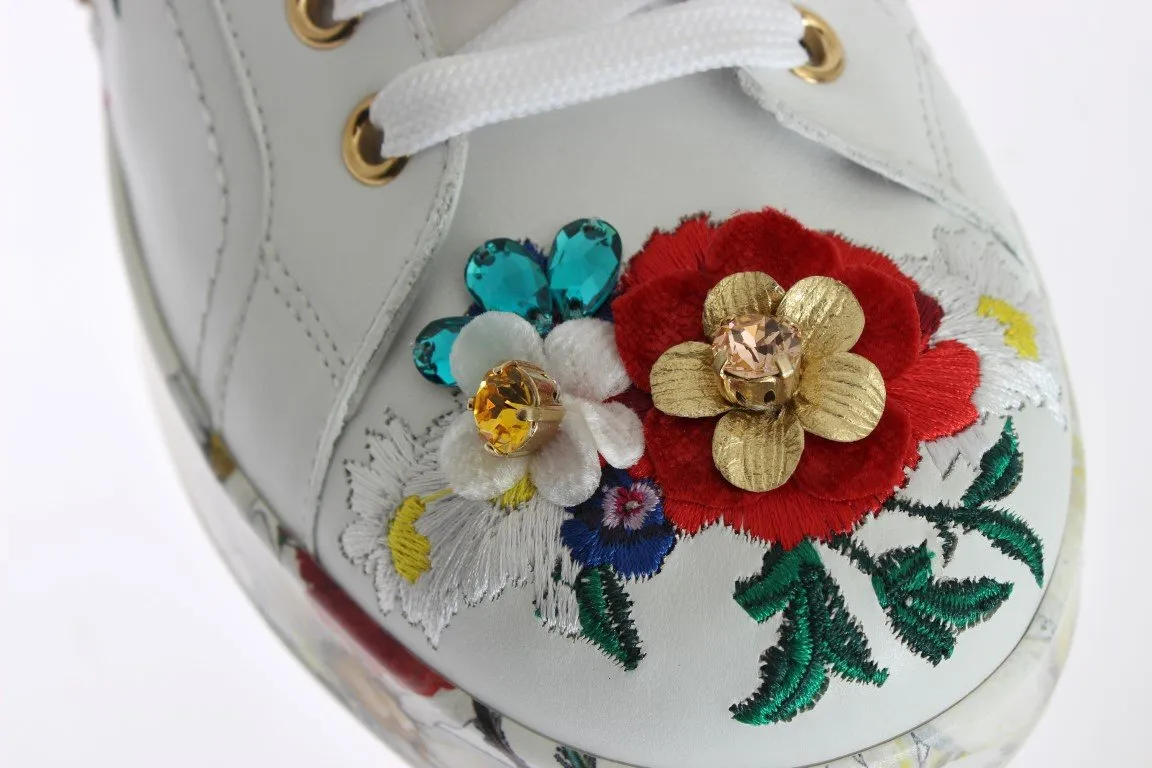 White Leather Floral Crystal Sneakers