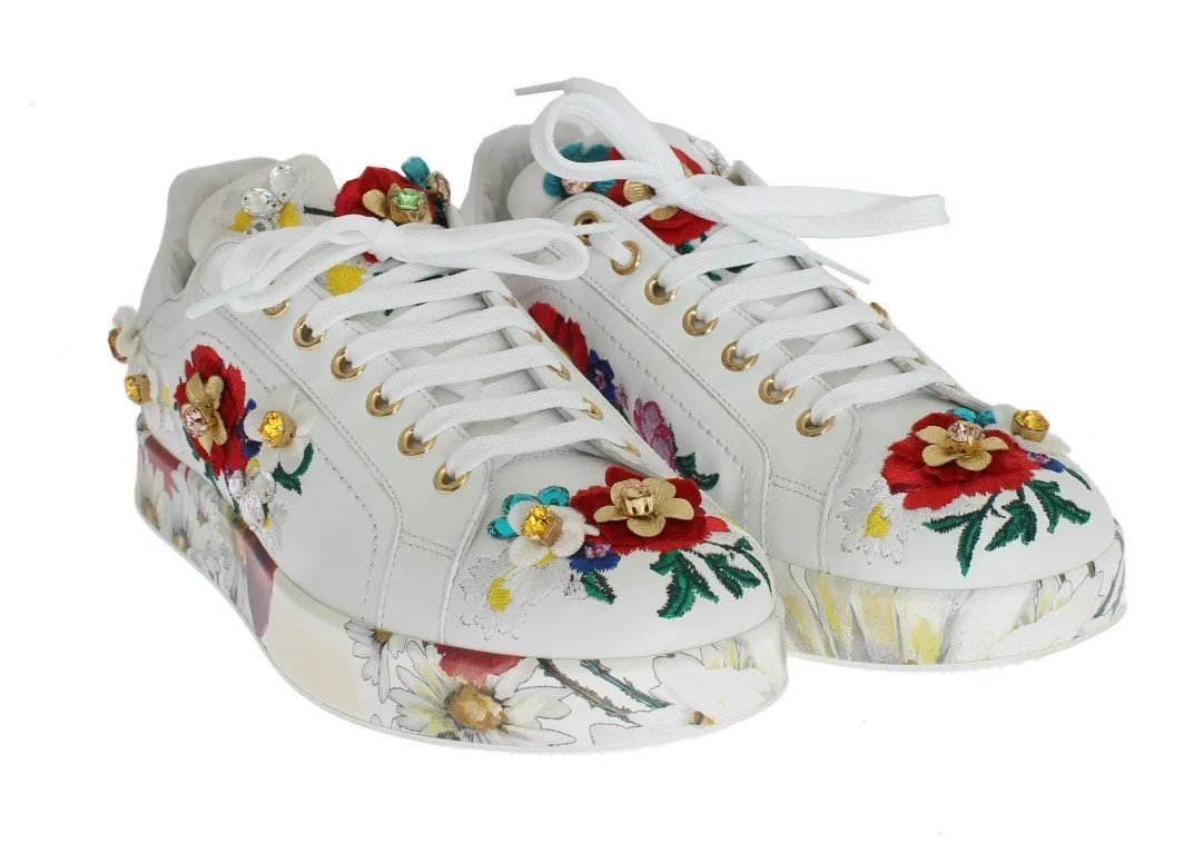 White Leather Floral Crystal Sneakers