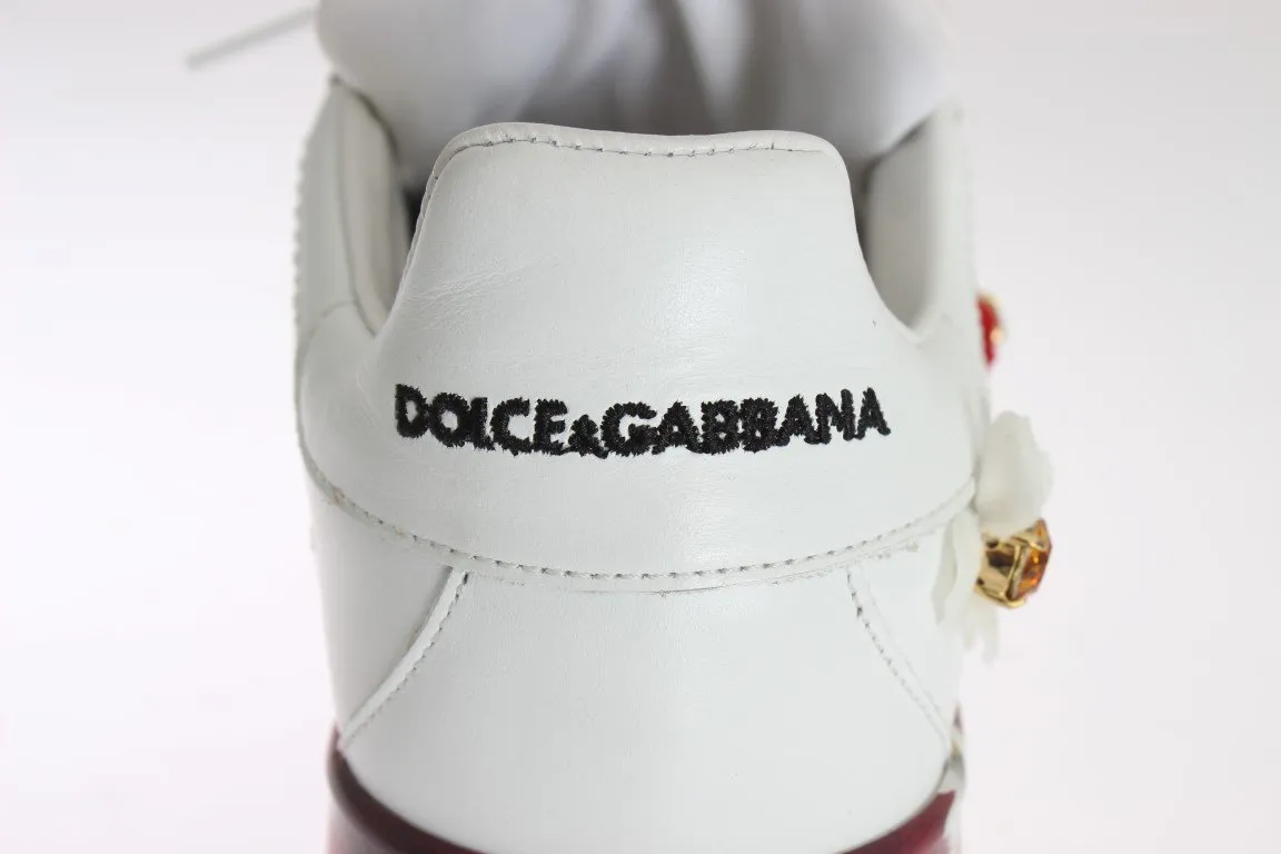White Leather Floral Crystal Sneakers