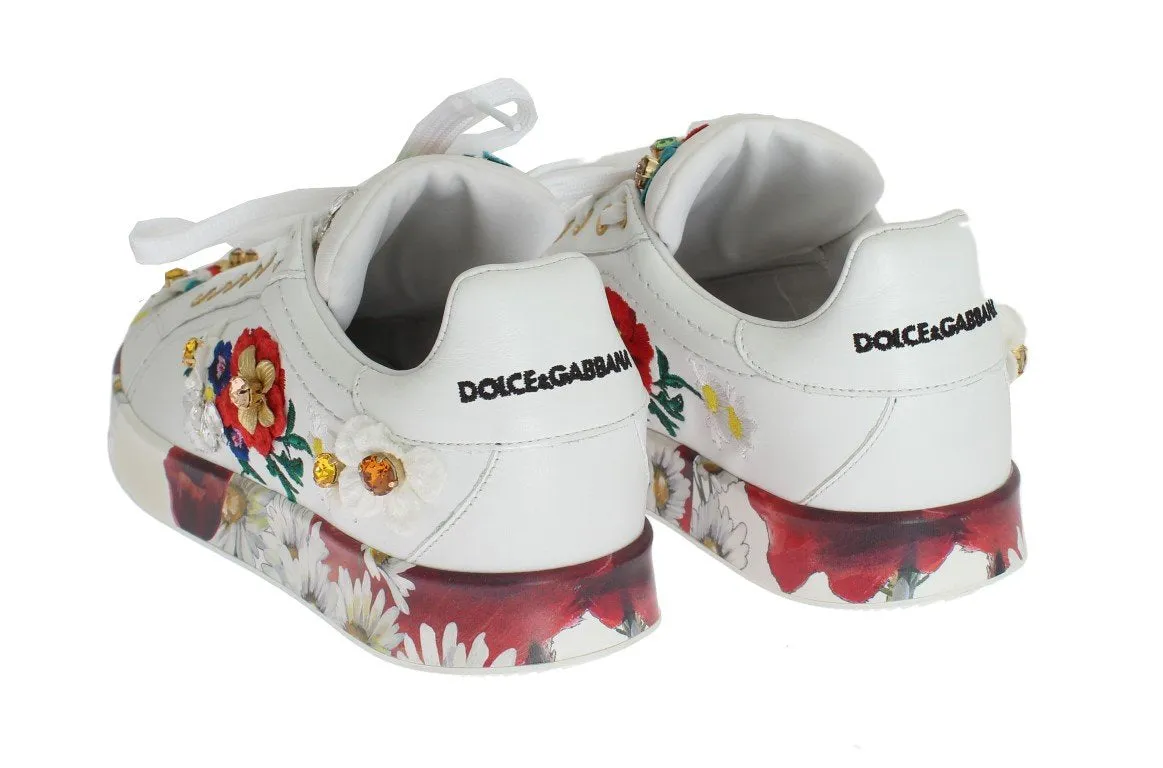White Leather Floral Crystal Sneakers