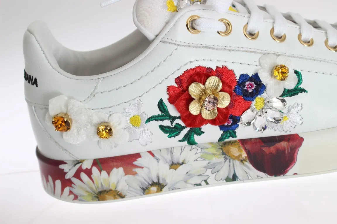 White Leather Floral Crystal Sneakers
