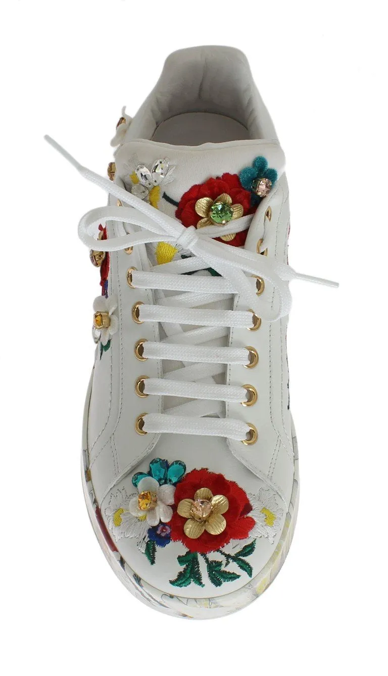 White Leather Floral Crystal Sneakers