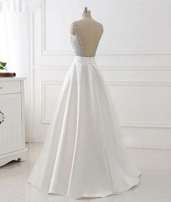 White V Neck Beads Sequin Long Prom Dress