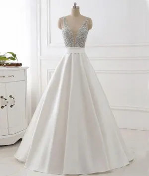 White V Neck Beads Sequin Long Prom Dress
