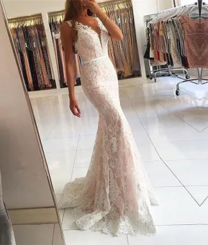 White v neck lace mermaid long prom dress, lace evening dress