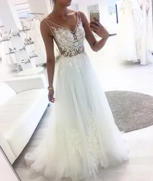 White v neck tulle lace long prom dress, white tulle evening dress
