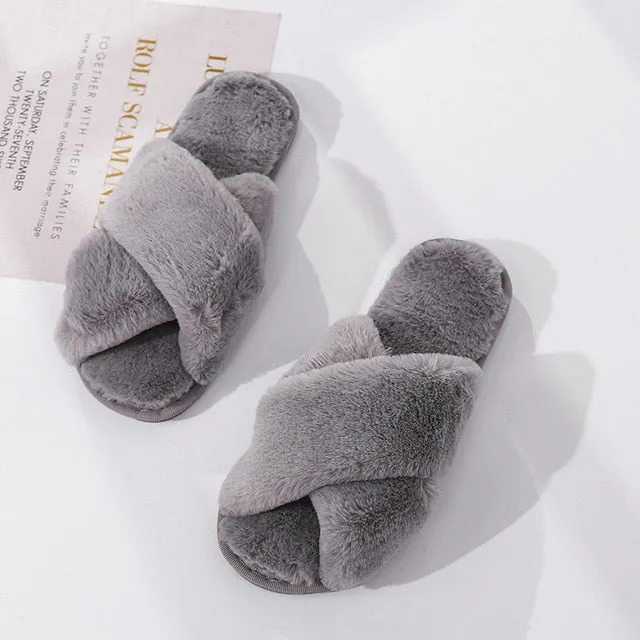 Winter Women House Slippers Faux Fur Fashion Warm Shoes Woman Slip on Flats