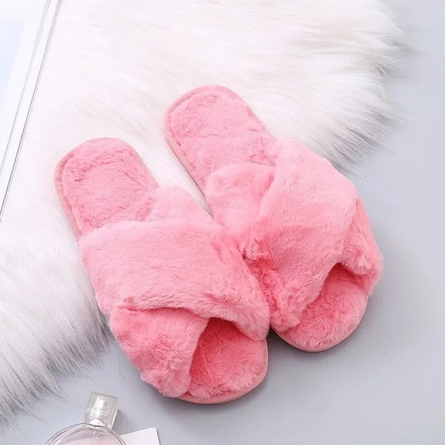 Winter Women House Slippers Faux Fur Fashion Warm Shoes Woman Slip on Flats
