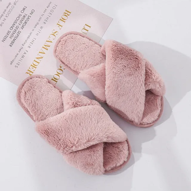 Winter Women House Slippers Faux Fur Fashion Warm Shoes Woman Slip on Flats