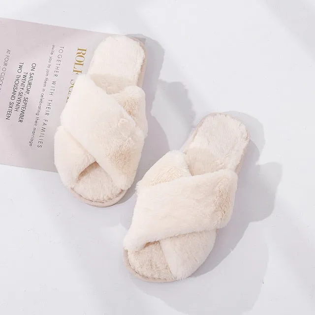Winter Women House Slippers Faux Fur Fashion Warm Shoes Woman Slip on Flats