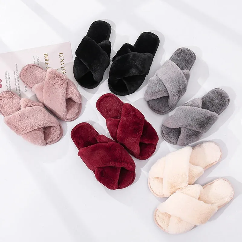Winter Women House Slippers Faux Fur Fashion Warm Shoes Woman Slip on Flats