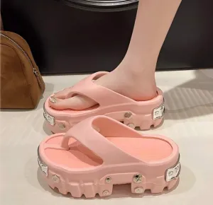 Women's Spring/Summer Thick Sole Slippers, Street Fashion Rivet Decor Platform Slip-On Casual Indoor/Outdoor Flip Flops