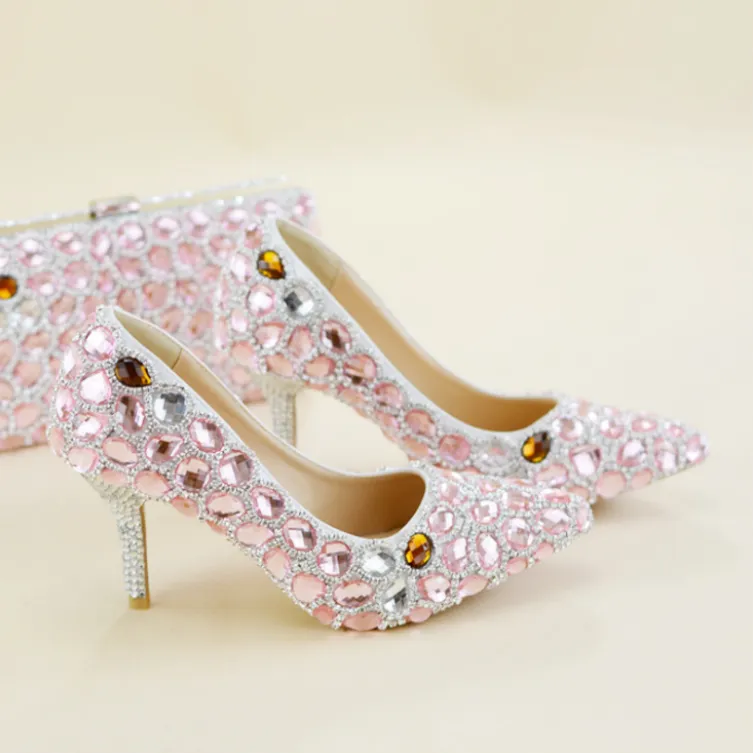 Women's Wedding Shoes Pointed Toe Crystal High Heel Decorative Heel Bridal Shoes,H34